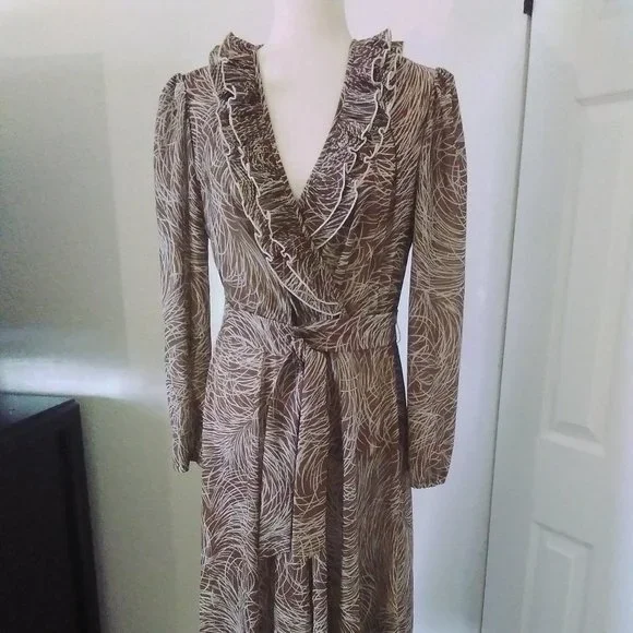 Studio 36 Dress Vintage 80's Brown & Cream Long Sleeve Size L Deep V-Neck - Picture 4 of 8